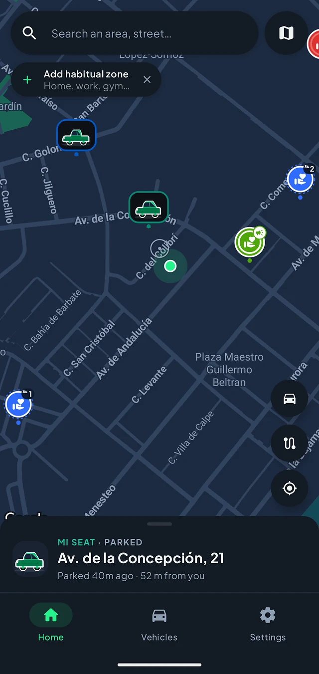 Paparcar home screen: the map with the car parked on Avenida de la Concepción and the summary below.