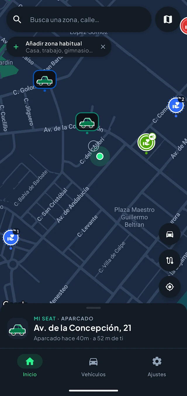 Pantalla de inicio de Paparcar: el mapa con el coche aparcado en la Avenida de la Concepción y el resumen abajo.