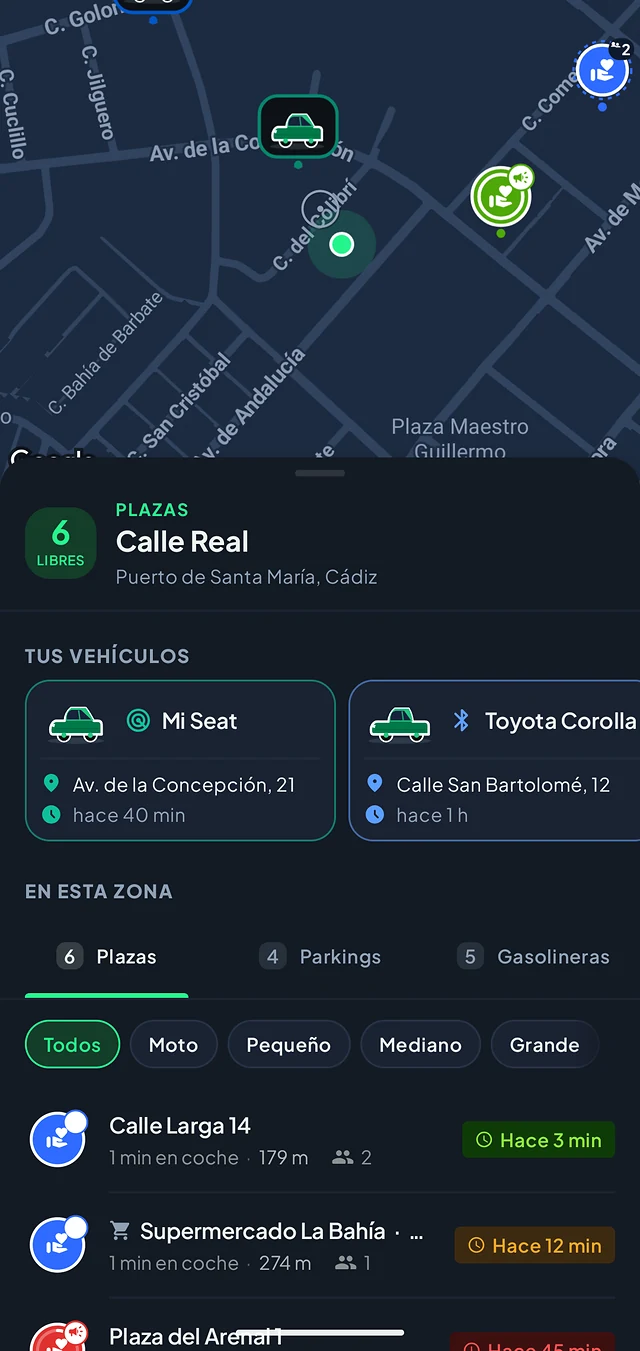 Hoja de Paparcar con las plazas libres de la zona y los vehículos del usuario.
