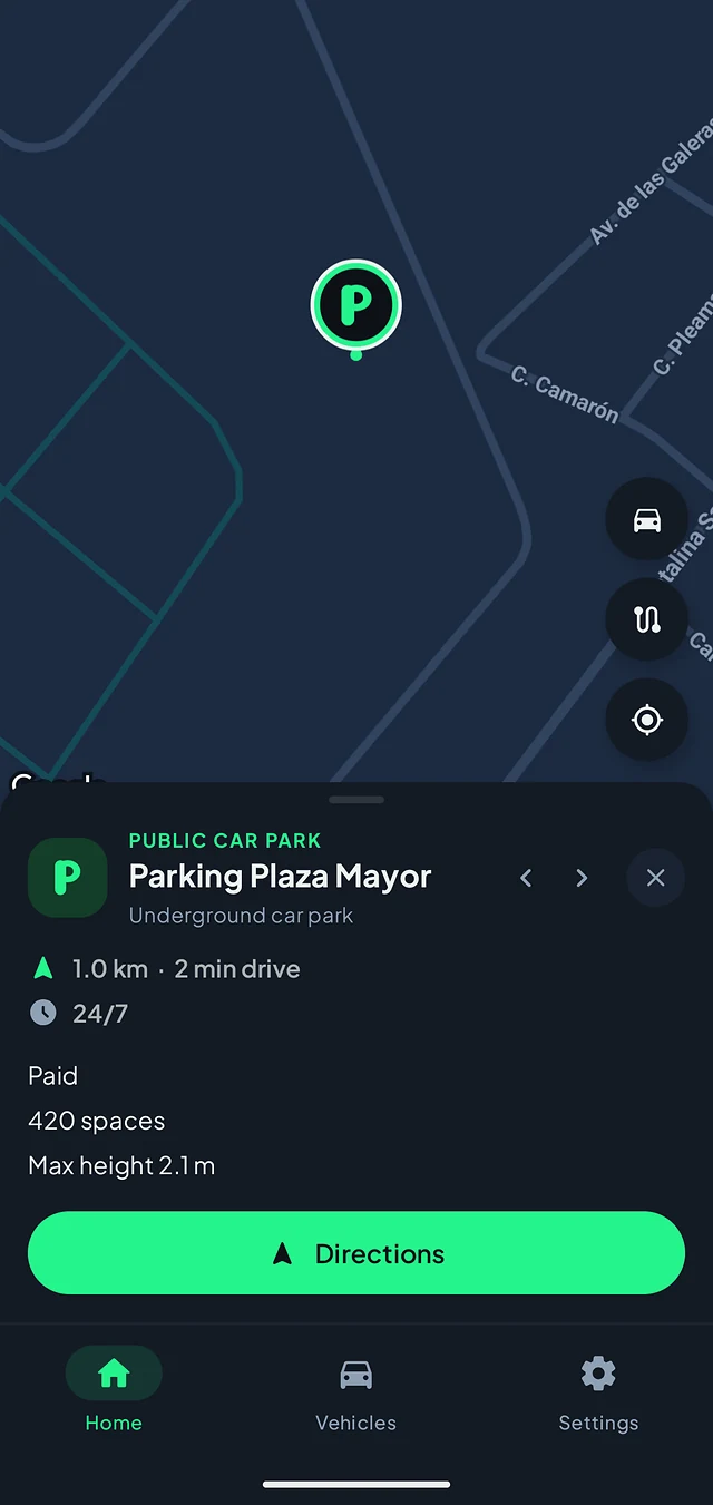 A public car park in Paparcar with its rate, spaces and maximum height.
