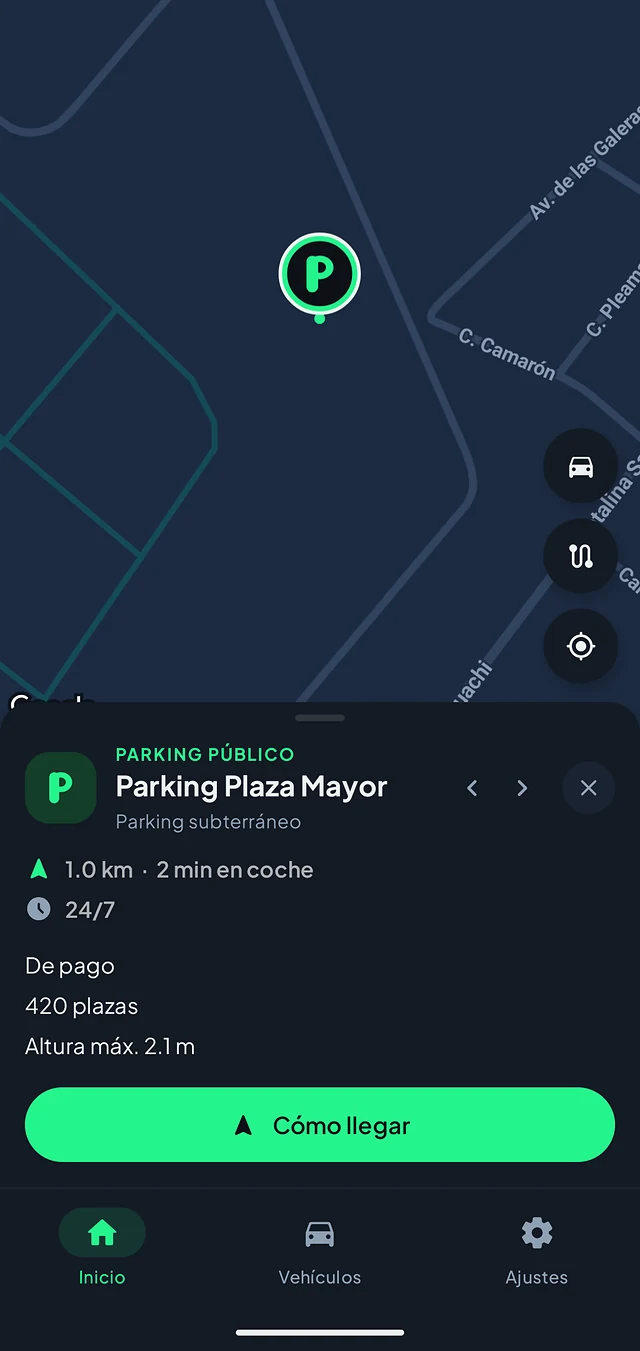 Ficha de un parking público en Paparcar con tarifa, plazas y altura máxima.
